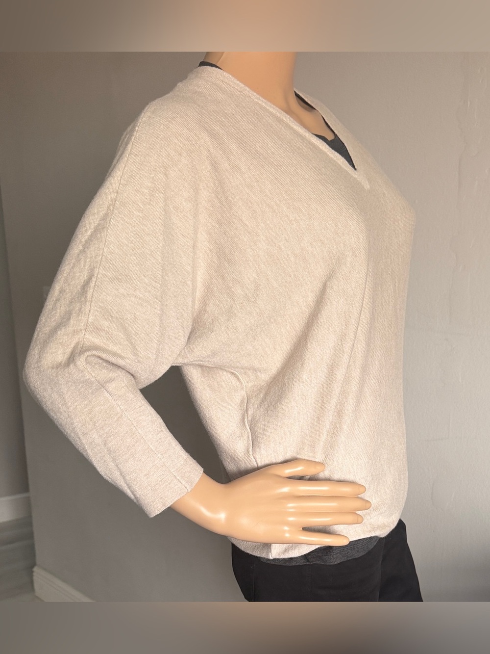 Vila Milano Beige Dolman Sleeve V-Neck Sweater Button Back Top M
